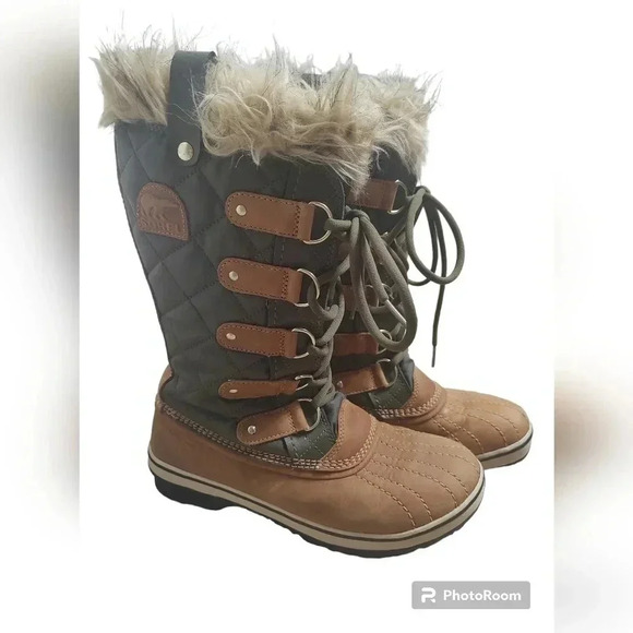Sorel Boots Womens 7.5 Tofino Brown Leather Waterproof Winter Quilted Tall Shoes - Picture 1 of 5
